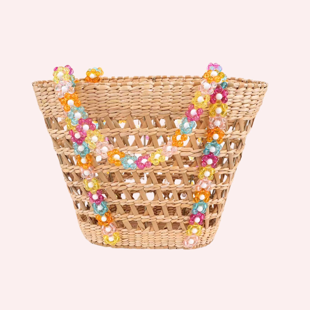 Beaded Handle Straw Beach Tote