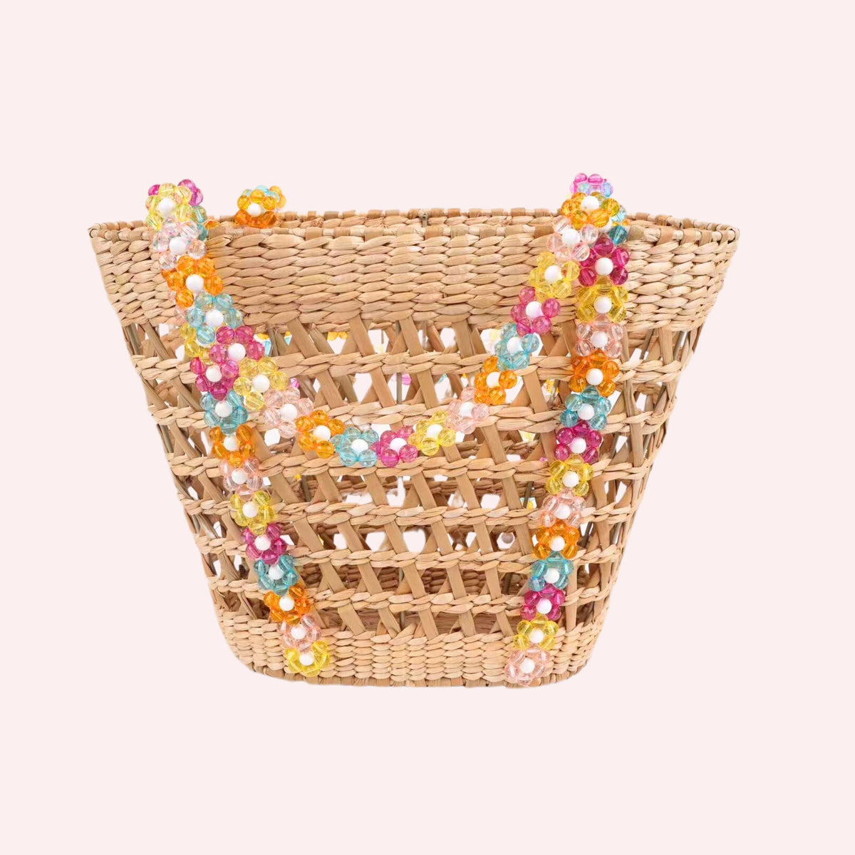Beaded Handle Straw Beach Tote