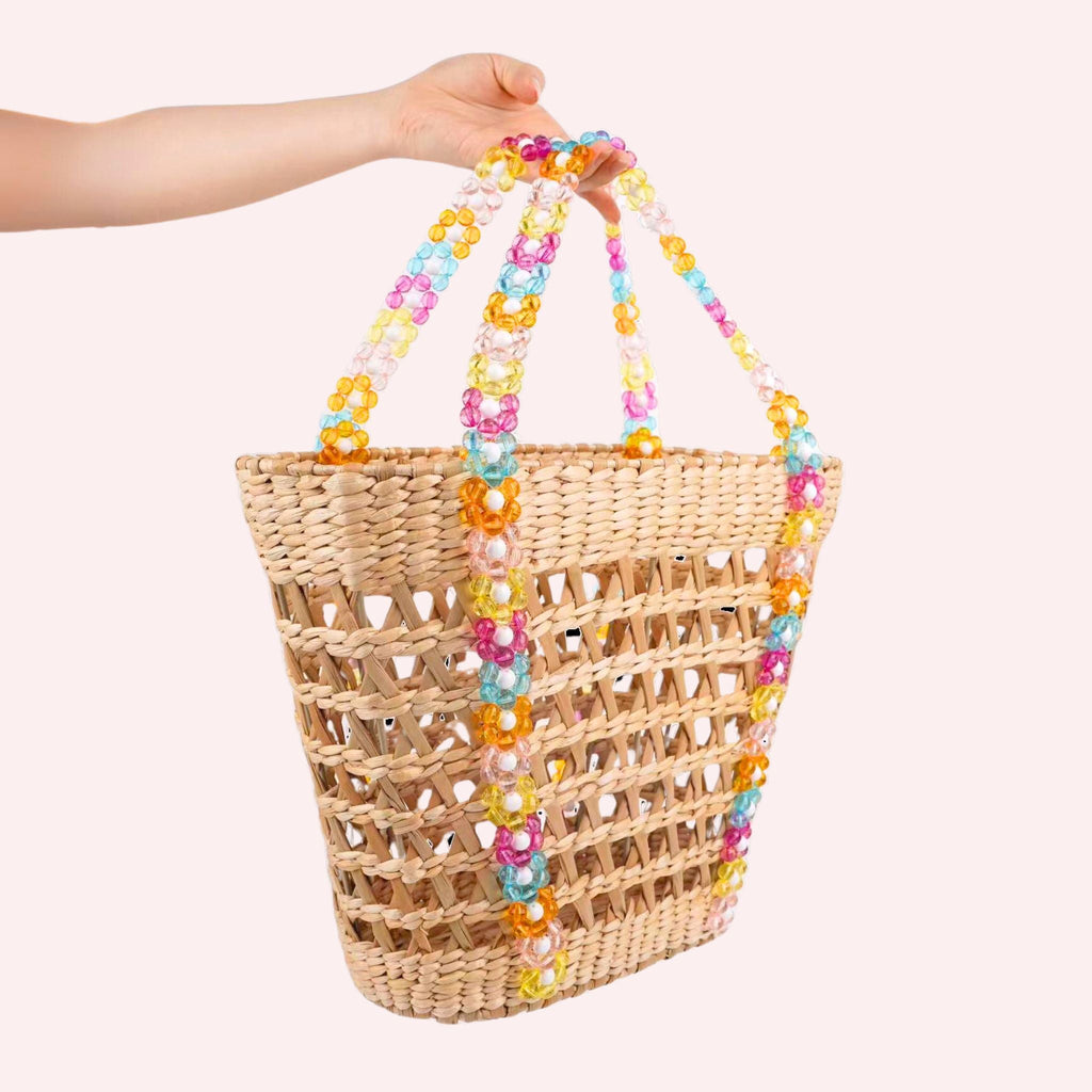 Beaded Handle Straw Beach Tote