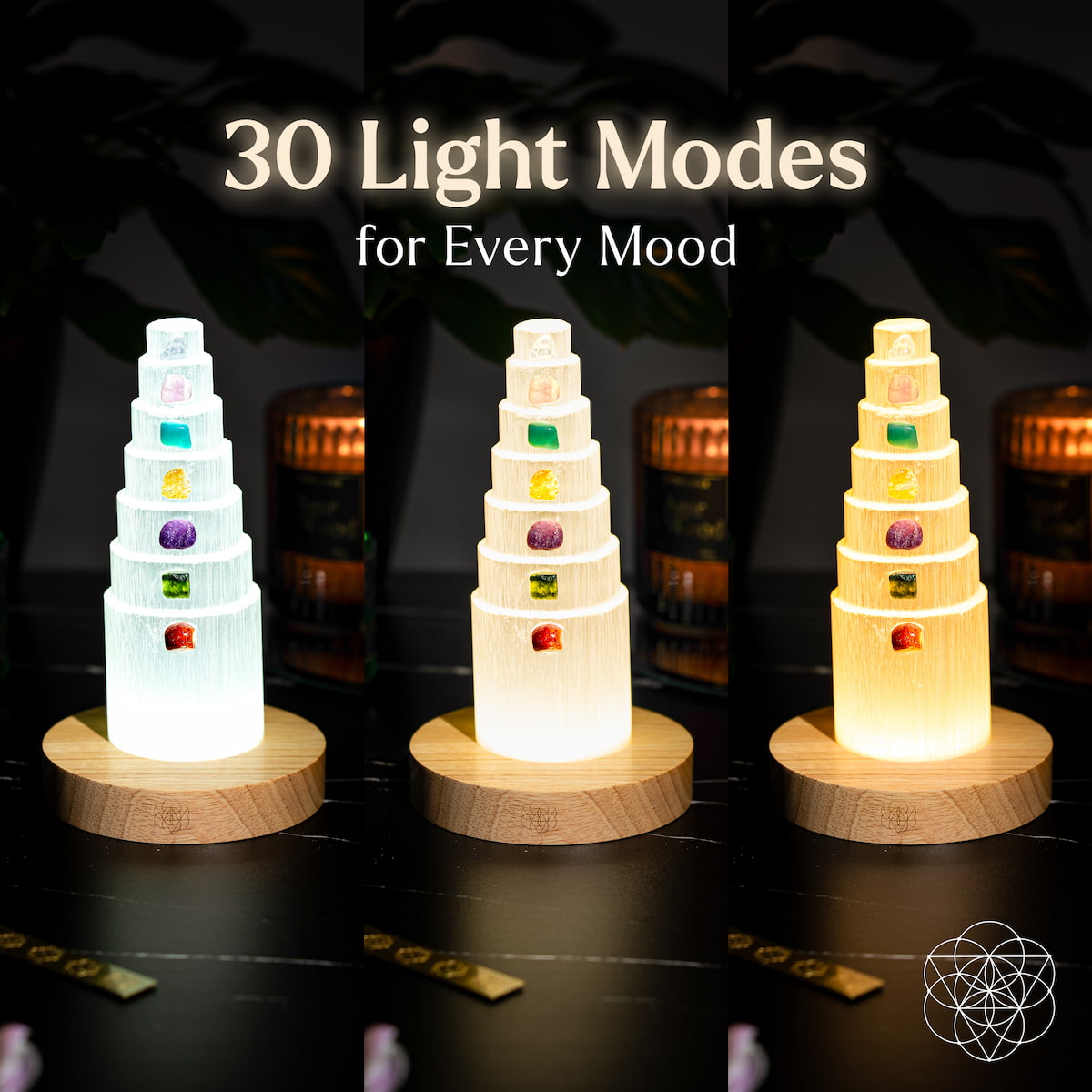 Seven-Stone Selenite Tower Lamp | 30 Light Modes
