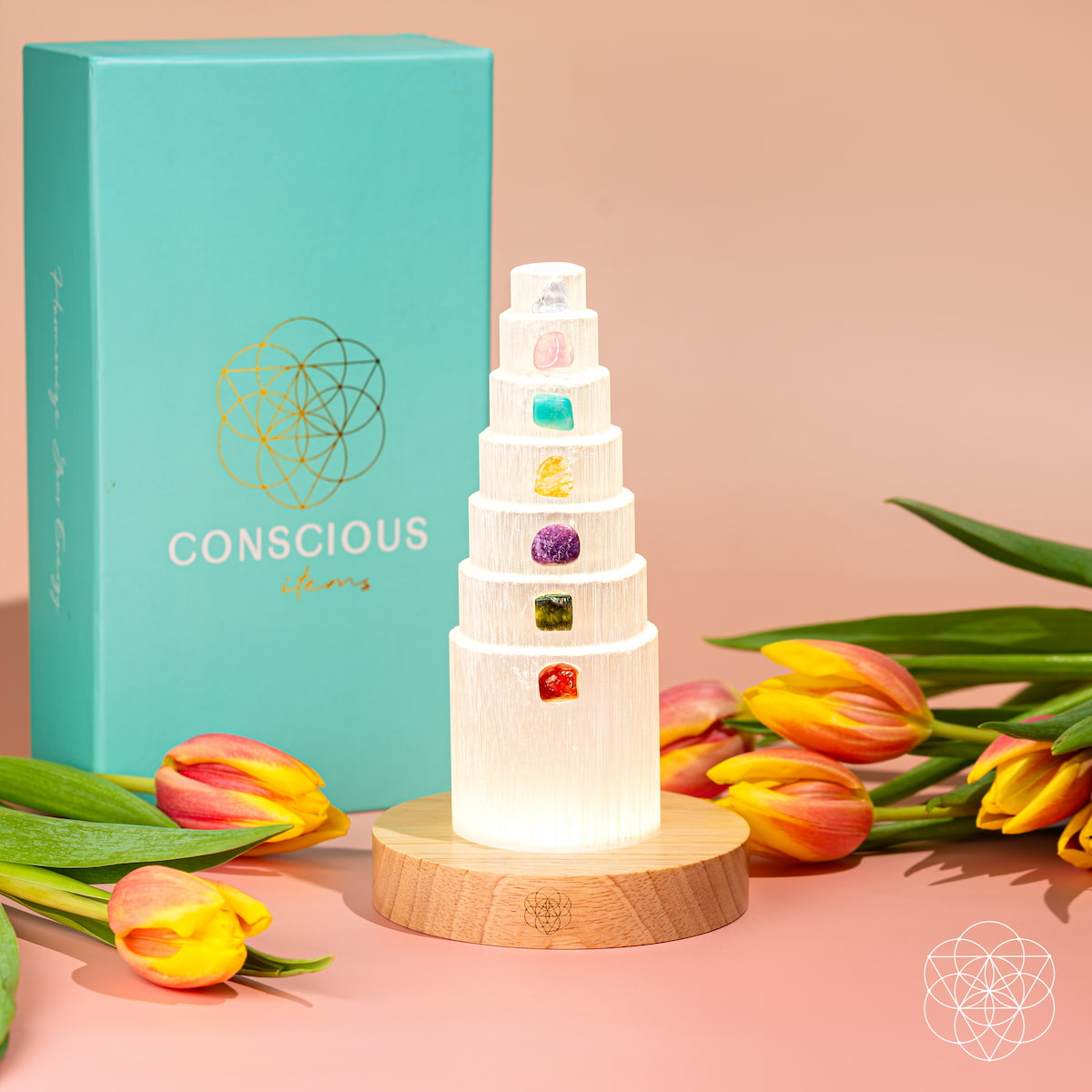 Seven-Stone Selenite Tower Lamp | 30 Light Modes