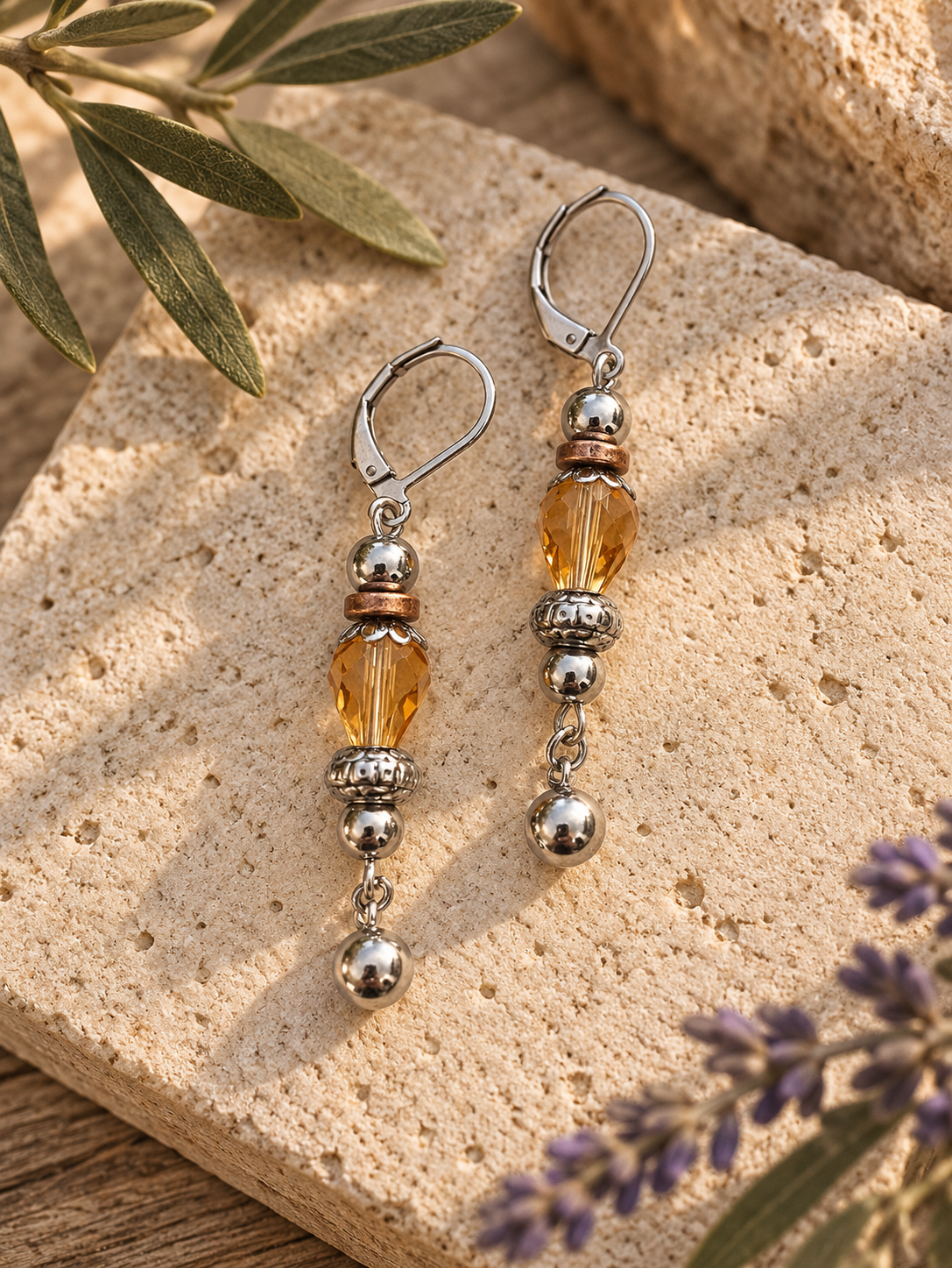Silver Spice Glass Teardrop Earrings