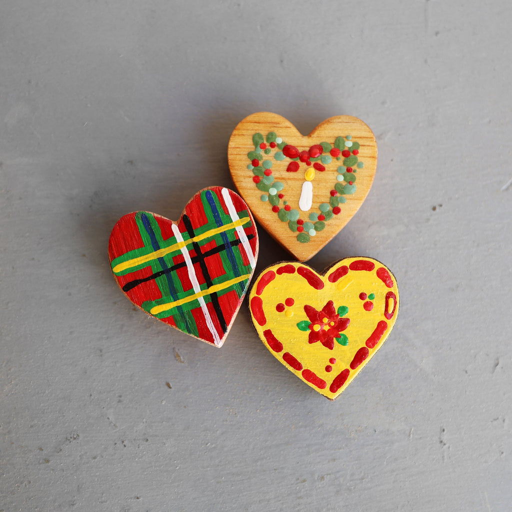 Hand-Painted Wooden Christmas Hearts | Set of 3
