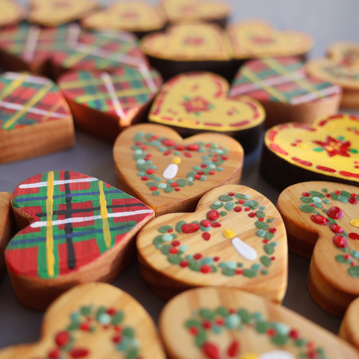 Hand-Painted Wooden Christmas Hearts | Set of 3