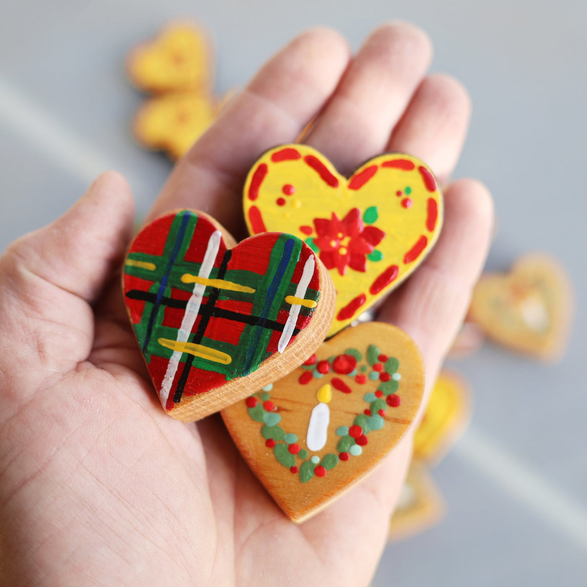 Hand-Painted Wooden Christmas Hearts | Set of 3