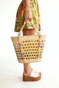 Beaded Handle Straw Beach Tote