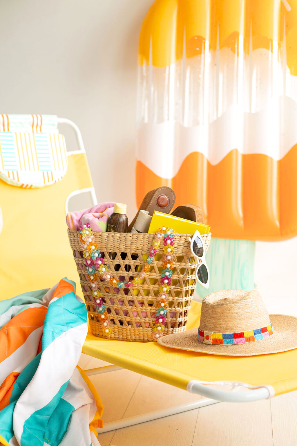 Beaded Handle Straw Beach Tote