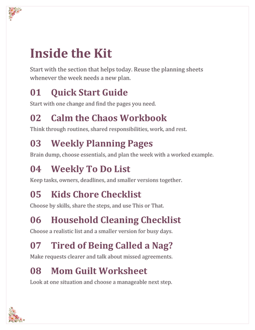 Inside the Kit contents page listing the eight guides and worksheets included in the Calm the Chaos Kit Cute Floral Edition.
