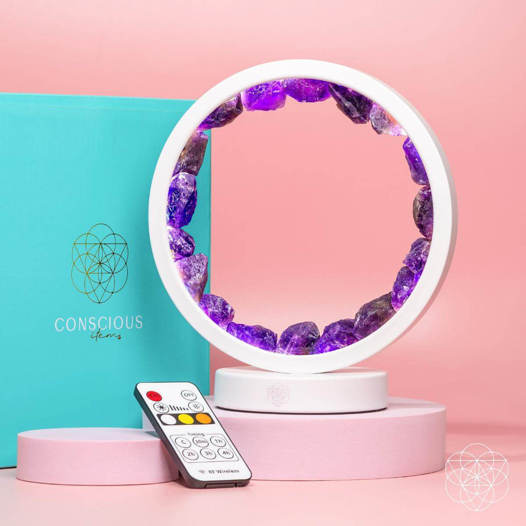 Amethyst Crystal Halo Lamp with Remote | White Frame