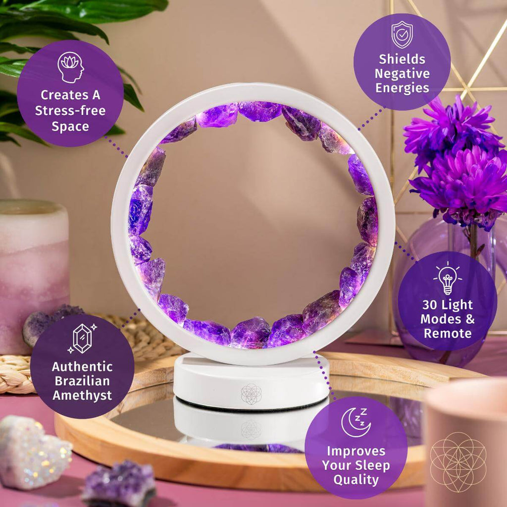 Amethyst Crystal Halo Lamp with Remote | White Frame