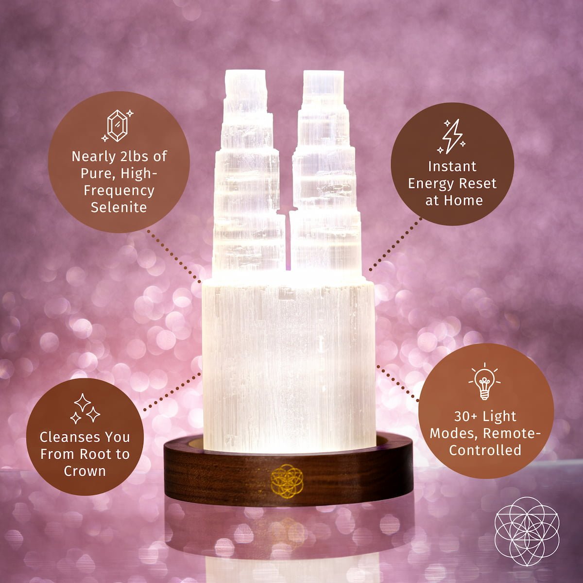 Two-Tower Selenite Crystal Lamp with Remote | 30 Light Modes