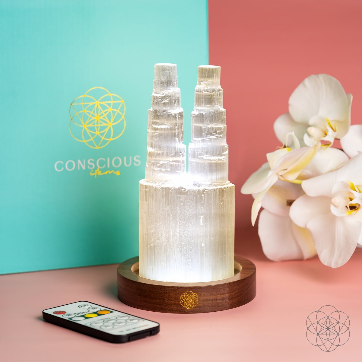 Two-Tower Selenite Crystal Lamp with Remote | 30 Light Modes