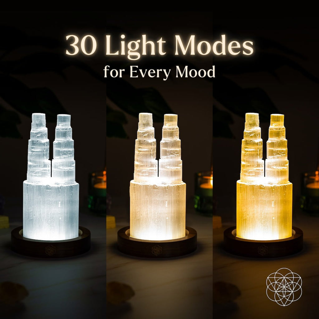Two-Tower Selenite Crystal Lamp with Remote | 30 Light Modes