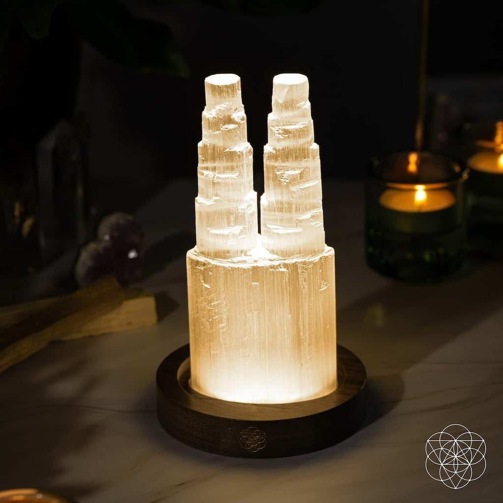 Two-Tower Selenite Crystal Lamp with Remote | 30 Light Modes