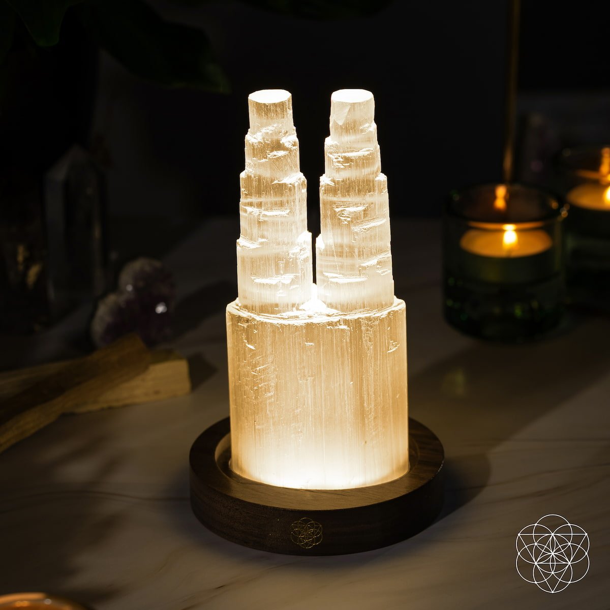 Two-Tower Selenite Crystal Lamp with Remote | 30 Light Modes