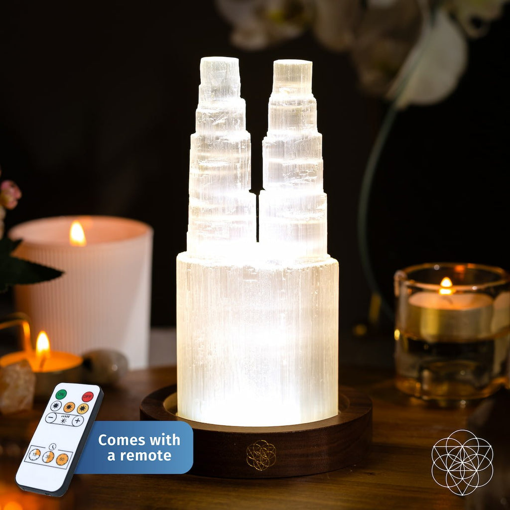 Two-Tower Selenite Crystal Lamp with Remote | 30 Light Modes