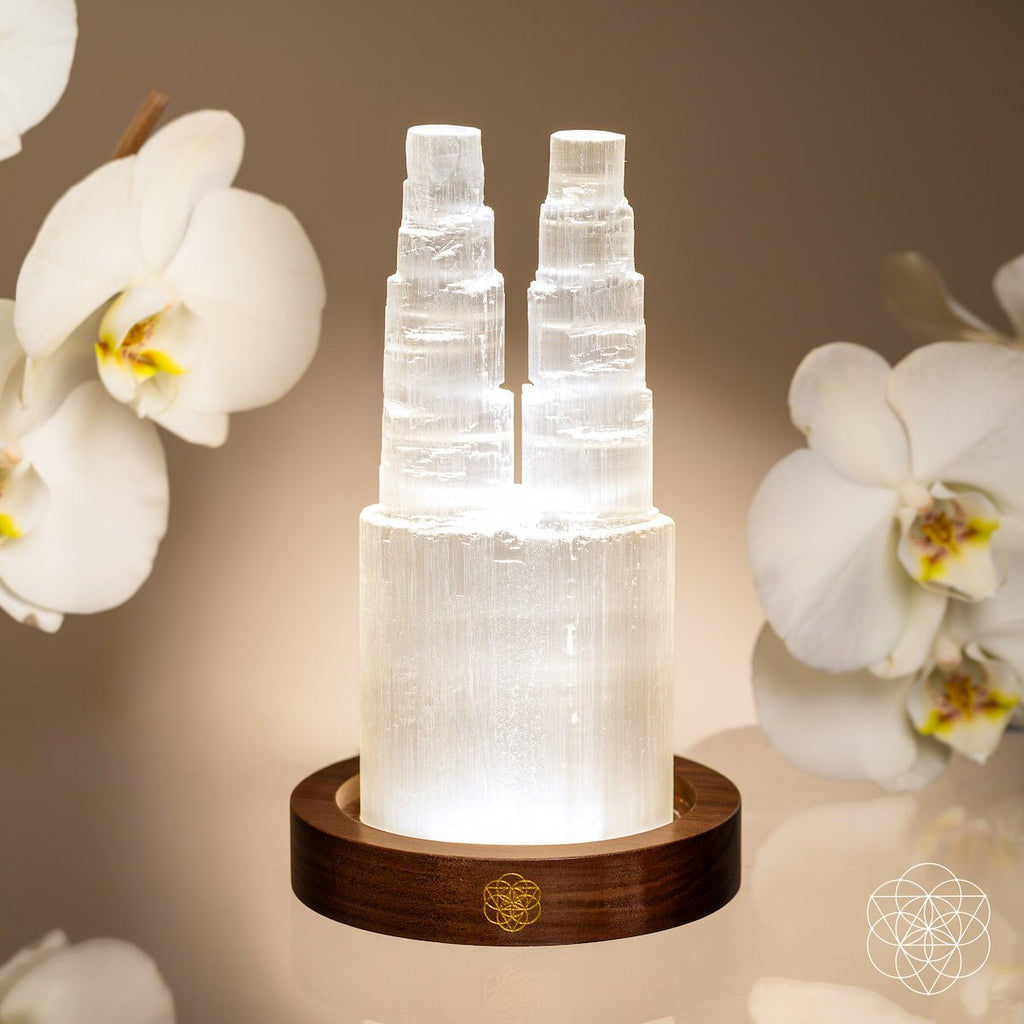 Two-Tower Selenite Crystal Lamp with Remote | 30 Light Modes