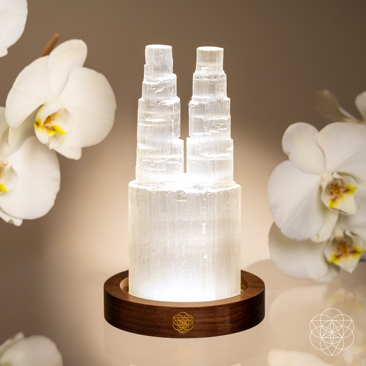 Two-Tower Selenite Crystal Lamp with Remote | 30 Light Modes